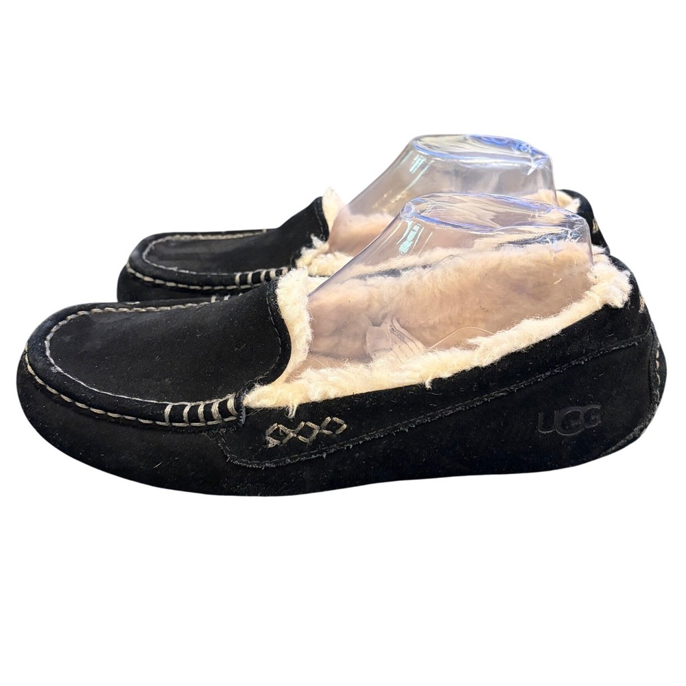 UGG Australia Women's Size 9 Black Suede Shearling Moccasin Slippers Shoes